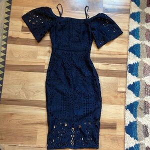 Dark blue off the shoulder (or strap) dress with lace detail. Size 0.